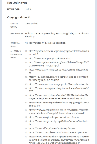 screenshot of DMCA takedown notice screenshot of DMCA takedown notice