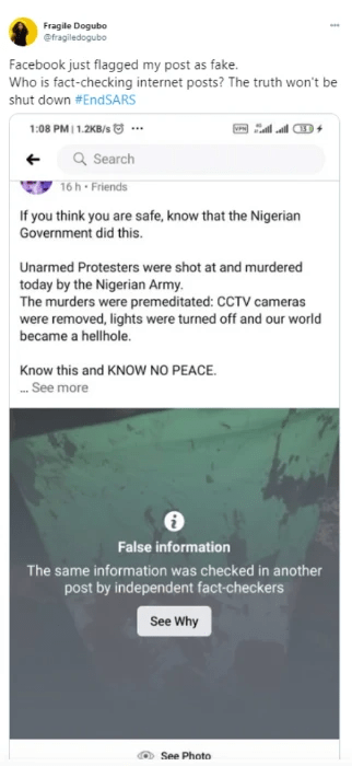 screenshot of Facebook post highlighting the errant fact-checking label screenshot of Facebook post highlighting the errant fact-checking label