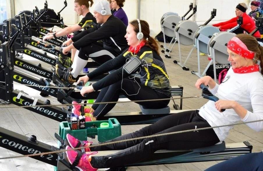 Drinks and gels can be placed on a small table next to the indoor rowing machine Drinks and gels can be placed on a small table next to the indoor rowing machine
