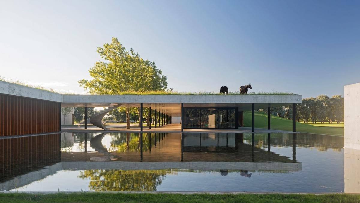 Stunning concrete stables features grassy roof for horses to graze Estudio Ramos Stunning concrete stables features grassy roof for horses to graze Estudio Ramos