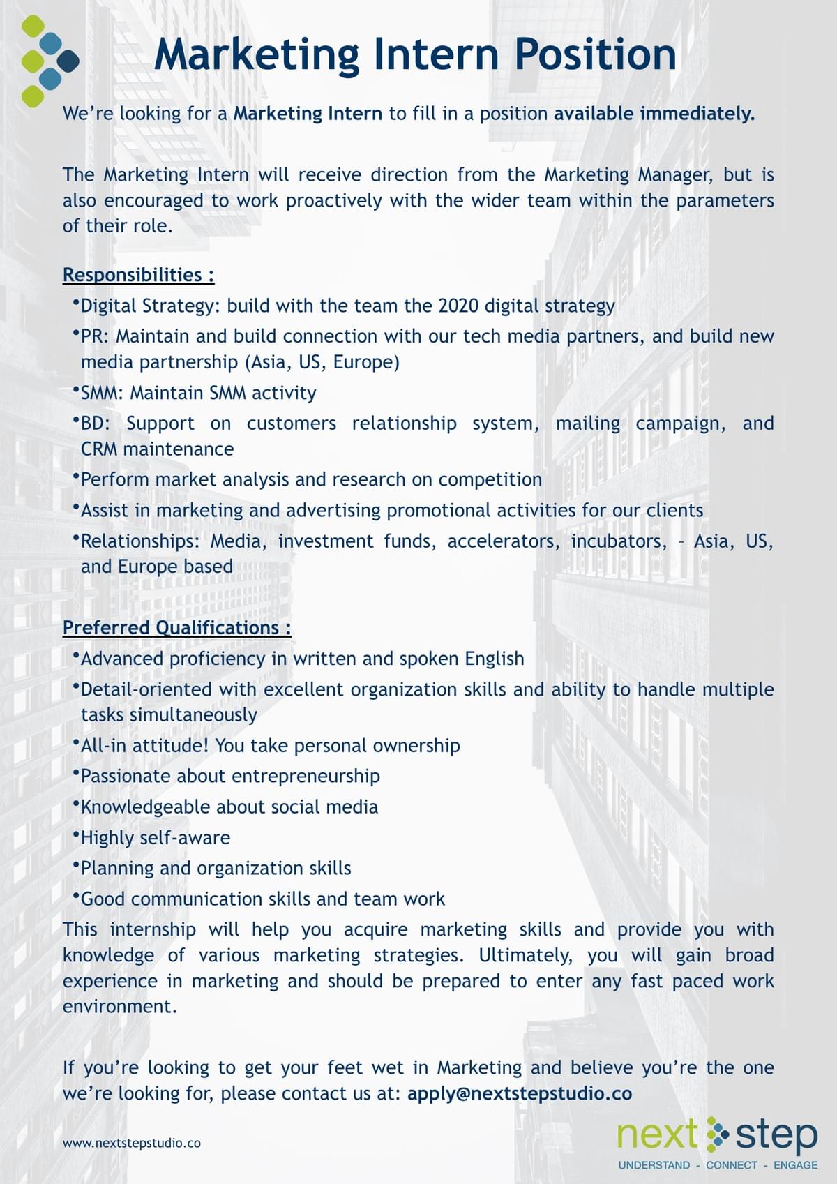 NextStep Studio is looking for a Marking Intern NextStep Studio is looking for a Marking Intern