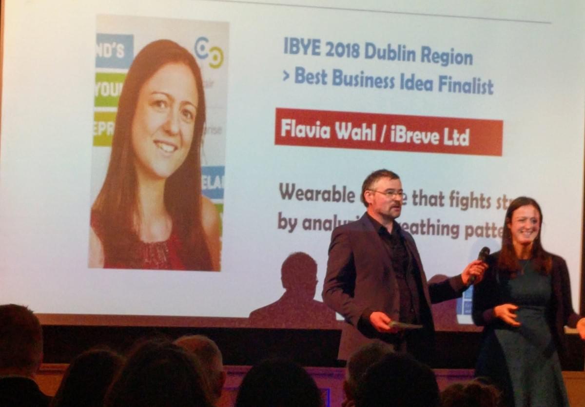 Flavia from iBreve on stage awarded Ireland's Best Young Entrepreneur of the Year for Dublin City Flavia from iBreve on stage awarded Ireland's Best Young Entrepreneur of the Year for Dublin City