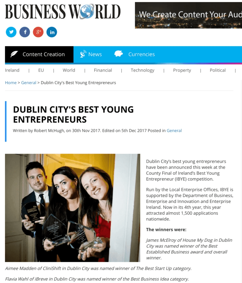 Business World reports about Flavia from iBreve awarded Ireland's Best Young Entrepreneur of the Year for Dublin City Business World reports about Flavia from iBreve awarded Ireland's Best Young Entrepreneur of the Year for Dublin City