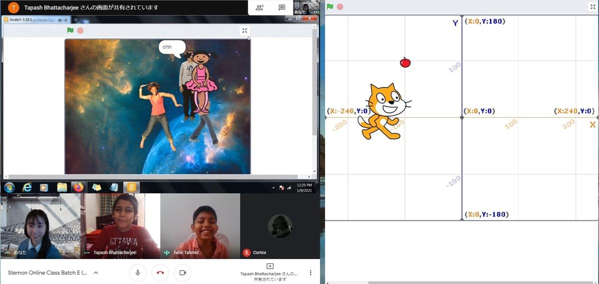 画面に映っているのが「Scratch」です。みんな楽しそうに自分の作ったプロジェクトを紹介してくれます。 画面に映っているのが「Scratch」です。みんな楽しそうに自分の作ったプロジェクトを紹介してくれます。