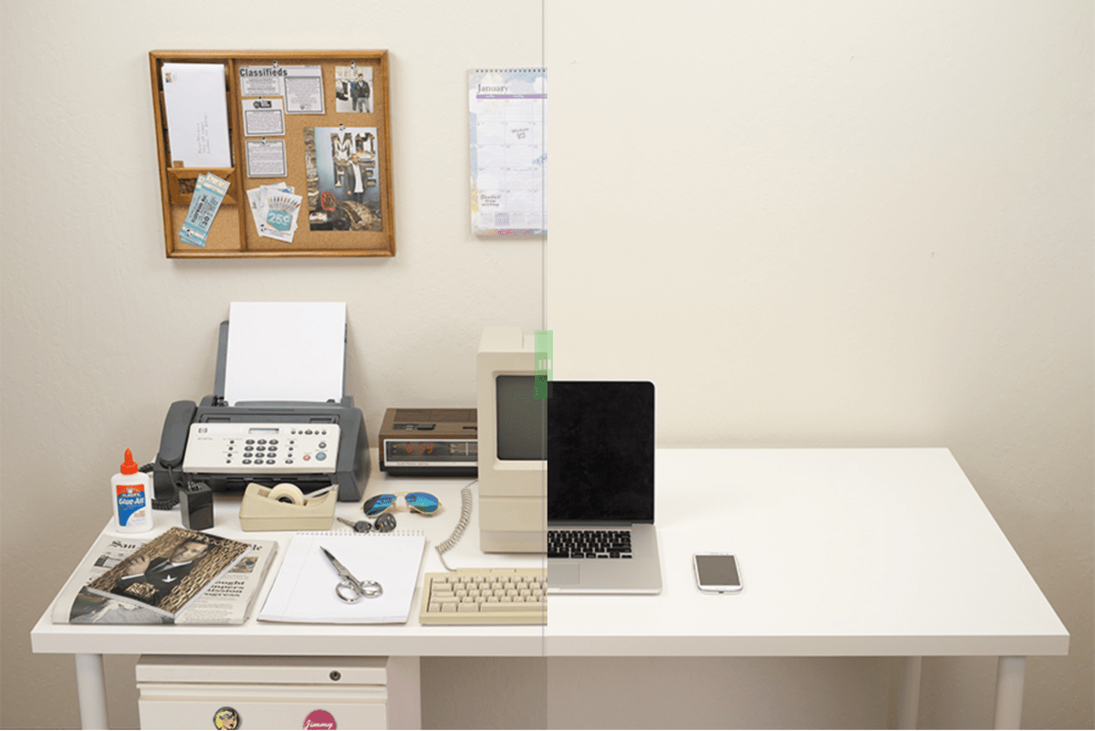 A photo from Harvard Innovation Lab showing the evolution of the desk thanks to software. A photo from Harvard Innovation Lab showing the evolution of the desk thanks to software.