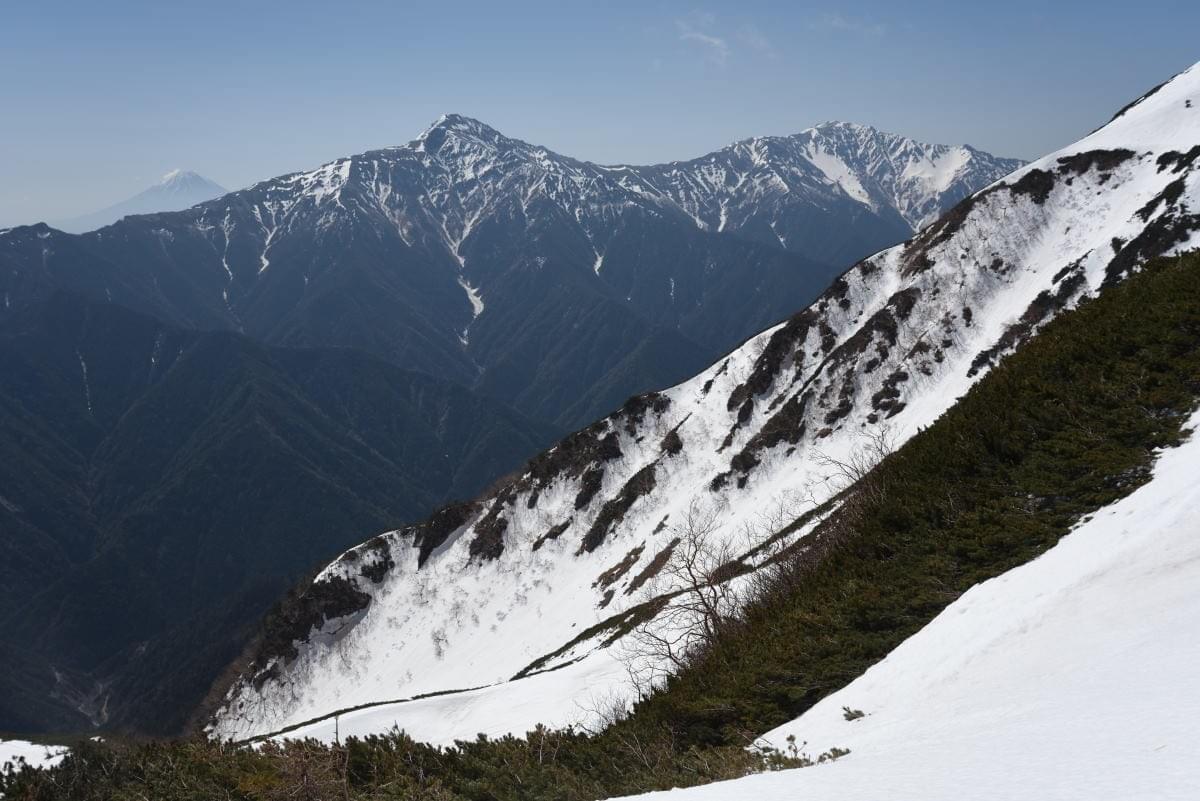 仙丈の稜線から眺める富士山・北岳・間ノ岳。日本の標高トップ3がきれいに並びます。 仙丈の稜線から眺める富士山・北岳・間ノ岳。日本の標高トップ3がきれいに並びます。