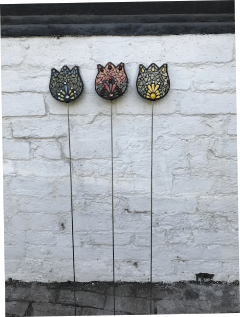Three Tulip Garden Stakes, 1 m tall, mosaic and steel rod, £35 each Three Tulip Garden Stakes, 1 m tall, mosaic and steel rod, £35 each