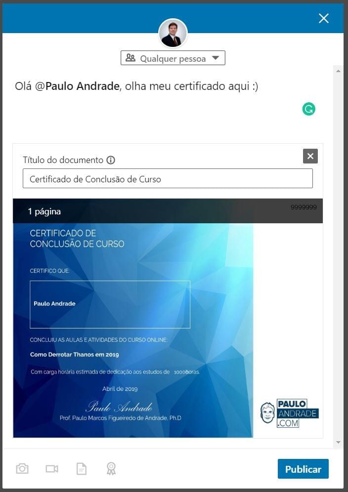 Janela de compartilhamento do certificado no Linkedin. Janela de compartilhamento do certificado no Linkedin.