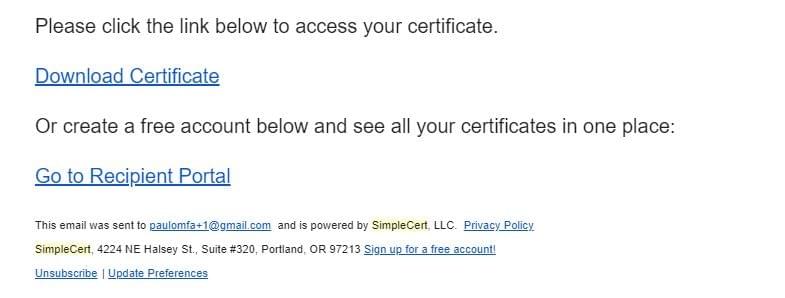 LInk no email, que leva ao portal de certificados. LInk no email, que leva ao portal de certificados.