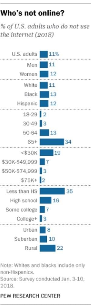 Chart showing that 11 percent of all Americans do not use Internet. About 34 percent of those aged 65 and over are not online. Chart showing that 11 percent of all Americans do not use Internet. About 34 percent of those aged 65 and over are not online.