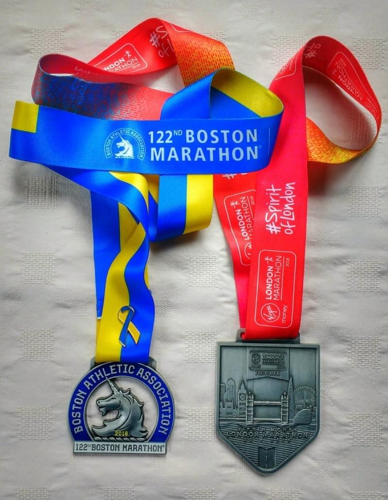 Picture of the 2018 Boston and London Marathon medals Picture of the 2018 Boston and London Marathon medals