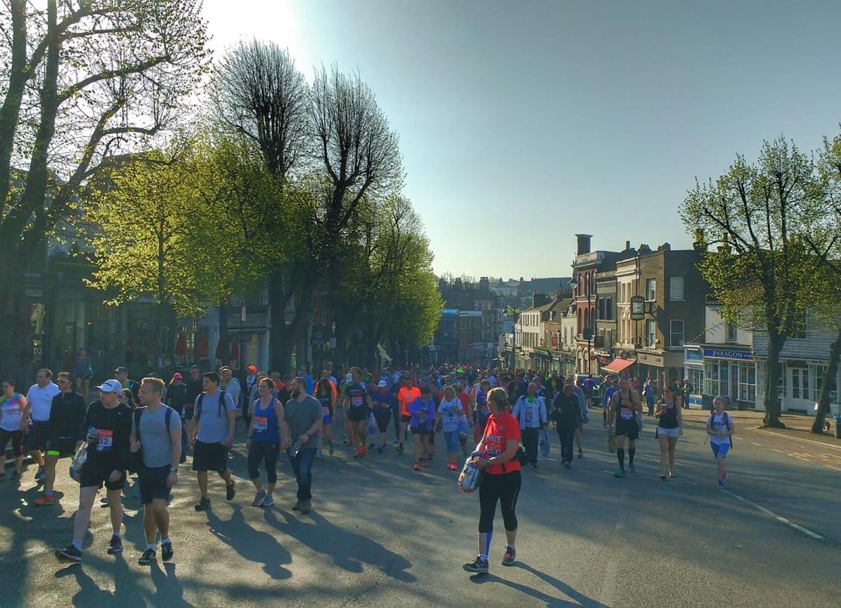 Crowd of runners making their way to Blackheath before London Marathon Crowd of runners making their way to Blackheath before London Marathon