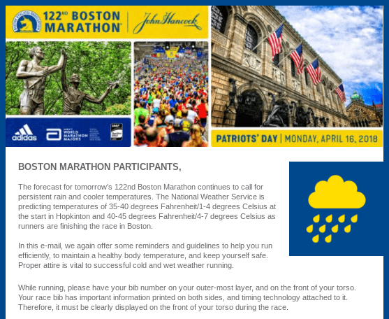 Email received from Boston Marathon organisers warning of severe weather Email received from Boston Marathon organisers warning of severe weather