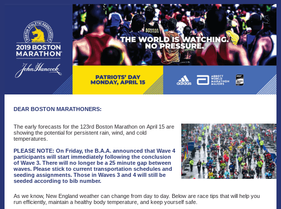 Weather warning from Boston Marathon 2019 race organisers predicting rain, wind and cold temperatures Weather warning from Boston Marathon 2019 race organisers predicting rain, wind and cold temperatures