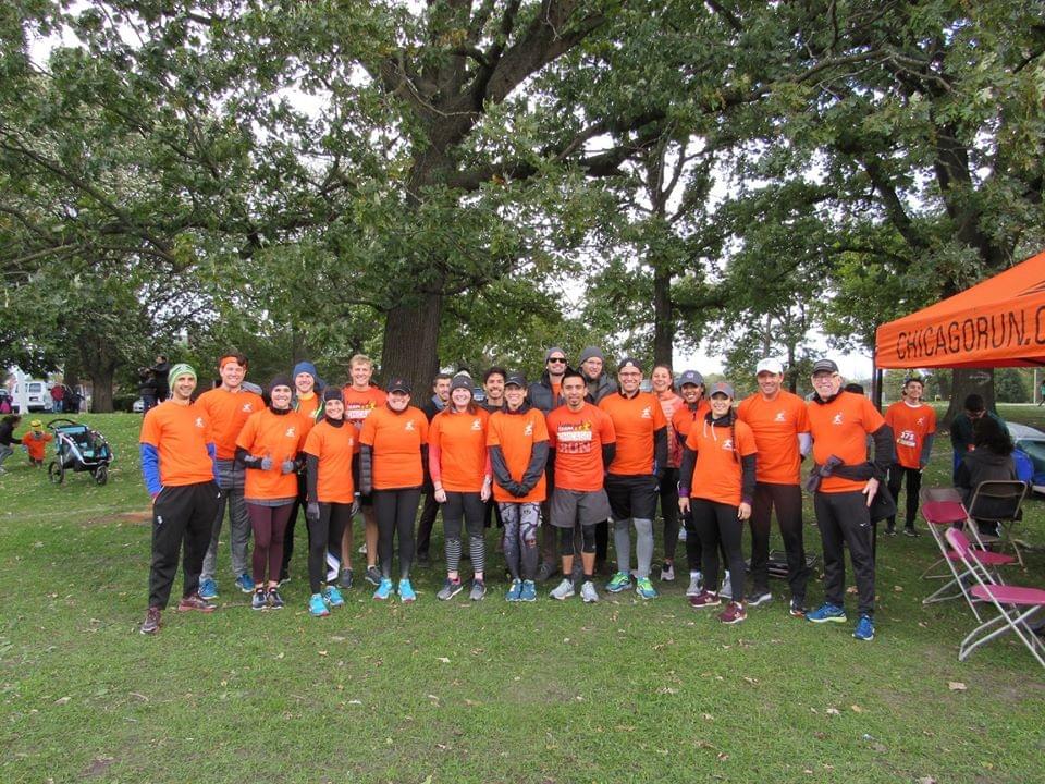 A group of Chicago Run volunteer runners gathered in Lincoln Park, Chicago before the 'Pumpkins in the Park' 5km run A group of Chicago Run volunteer runners gathered in Lincoln Park, Chicago before the 'Pumpkins in the Park' 5km run