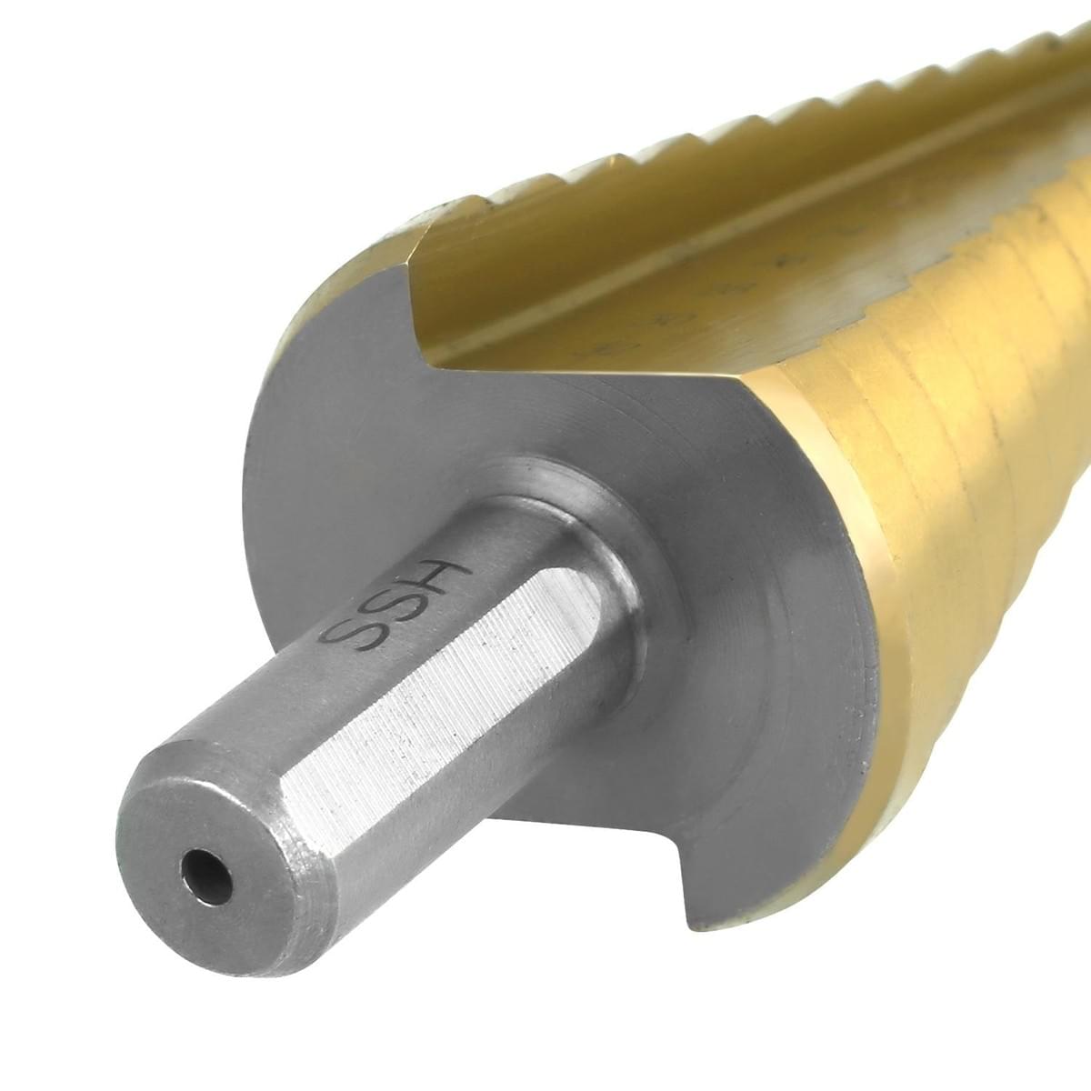 Soledi 3Pcs HSS Step Drill Bits Titanium Speed Steel Step Cone Drill Bit4-12//20//32mm Golden