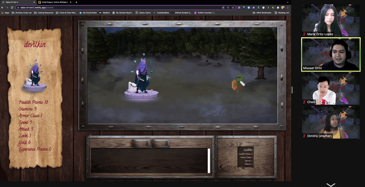 Zoom screen shows a video game with a magical character standing in a forest. Maria Ortiz-Lopez, Missael ortiz, Chen, Dimitra on zoom. Zoom screen shows a video game with a magical character standing in a forest. Maria Ortiz-Lopez, Missael ortiz, Chen, Dimitra on zoom.