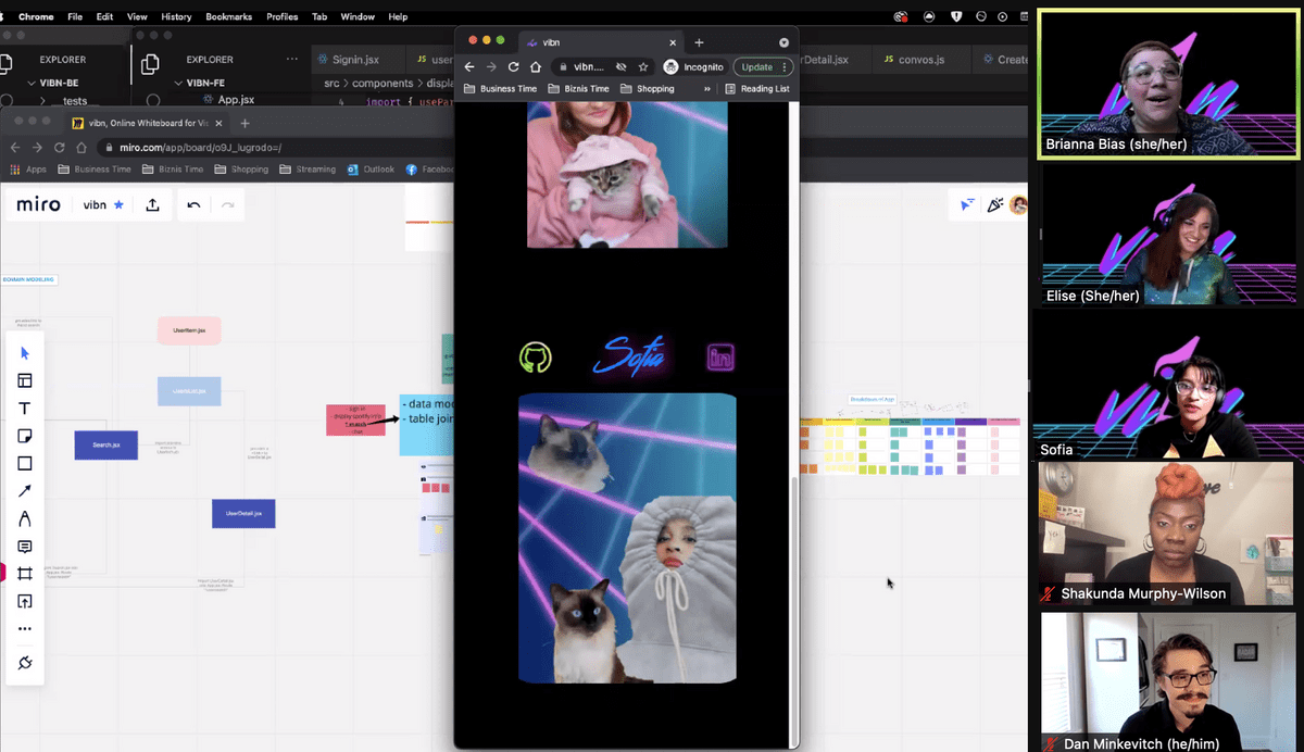 Zoom screenshare showing open wireframs and app. Brianna Bias, Elise, Sofia, Shakunda Murphy-Wilson, and Dan Minkevitch are on Zoom. Zoom screenshare showing open wireframs and app. Brianna Bias, Elise, Sofia, Shakunda Murphy-Wilson, and Dan Minkevitch are on Zoom.