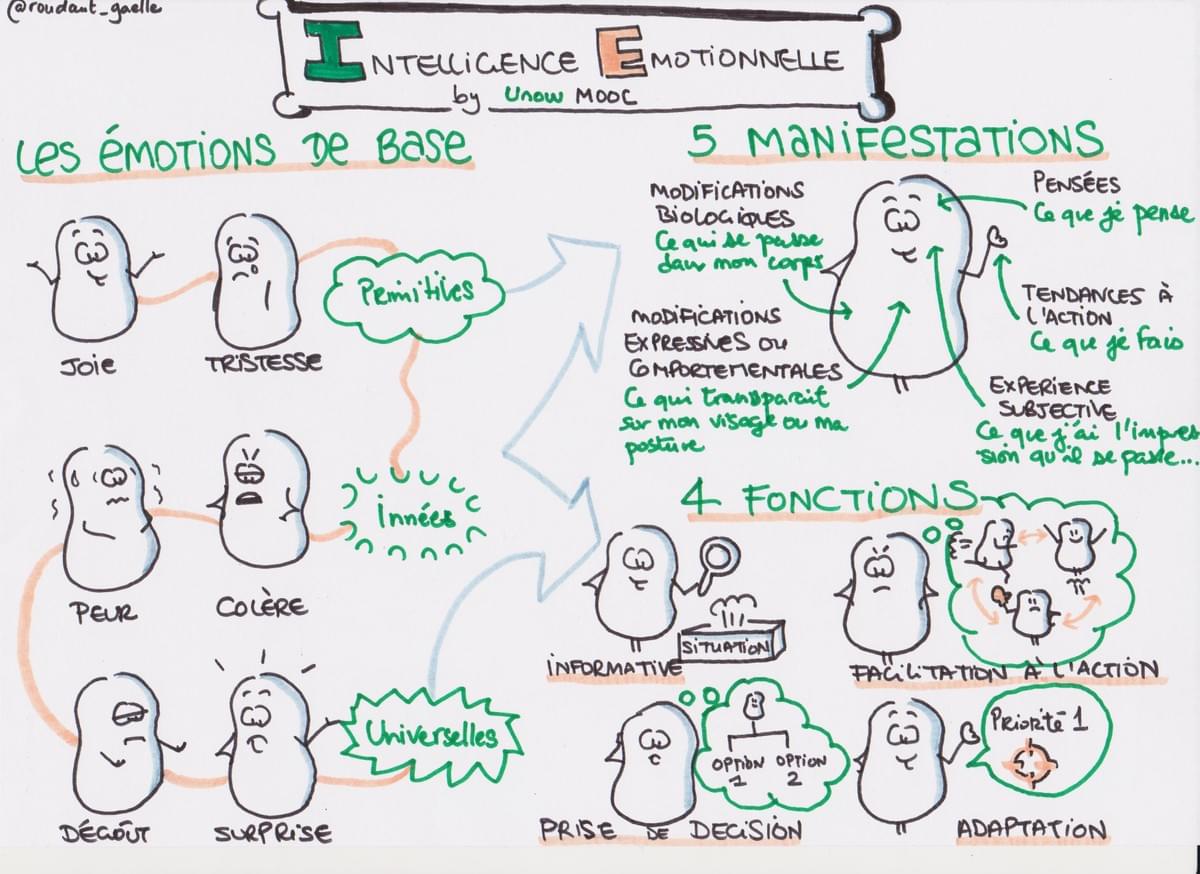 MOOC intelligence emotionnelle - les emotions c'est quoi - Sketchnote de Gaëlle Roudaut MOOC intelligence emotionnelle - les emotions c'est quoi - Sketchnote de Gaëlle Roudaut
