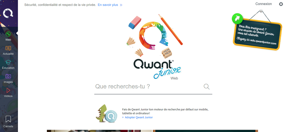 Die französische Qwant Junior-Oberfläche mit Lehrerinfo oben rechts Die französische Qwant Junior-Oberfläche mit Lehrerinfo oben rechts