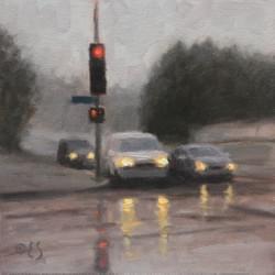 "Rainy Day Red Light"  6x6, Oil, $475