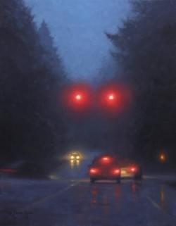 "Raindrops & Red Lights"  14x11, Oil