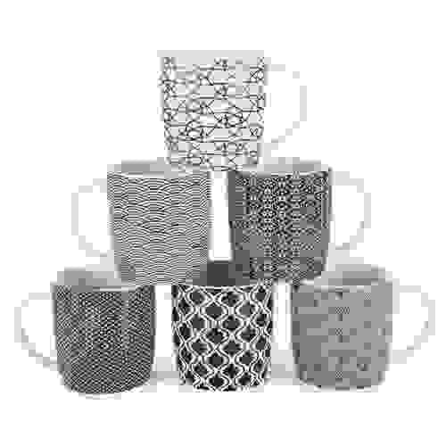MACHUMA Set of 6 11.5 oz Coffee Mugs with Black and White Geometric Patterns, Ceramic Tea Cup Set 