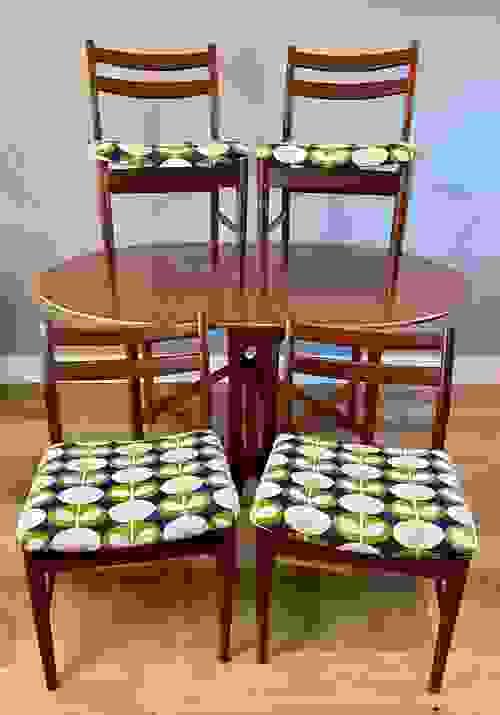SOLD - Jentique 1960s Mid-Century Modern Gateleg Table & 4 Dining Chairs in Orla Kiely
