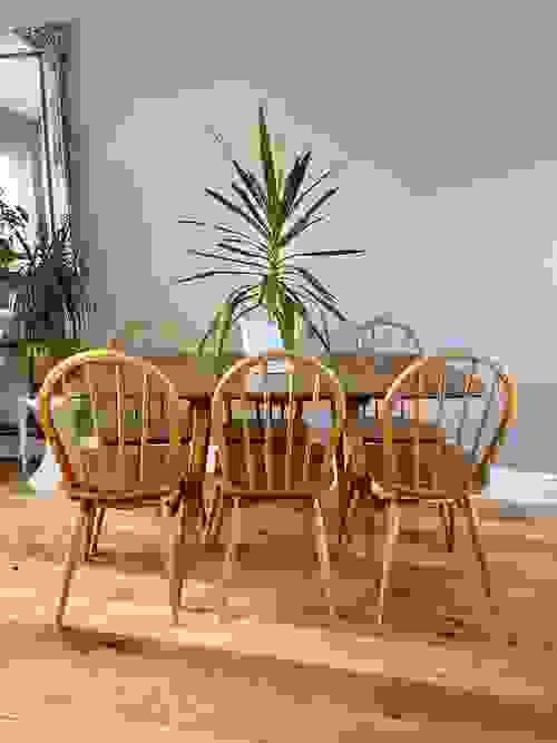 SOLD - Vintage Retro Ercol Light Elm Rectangular Drop Leaf Table with 6 Windsor Chairs