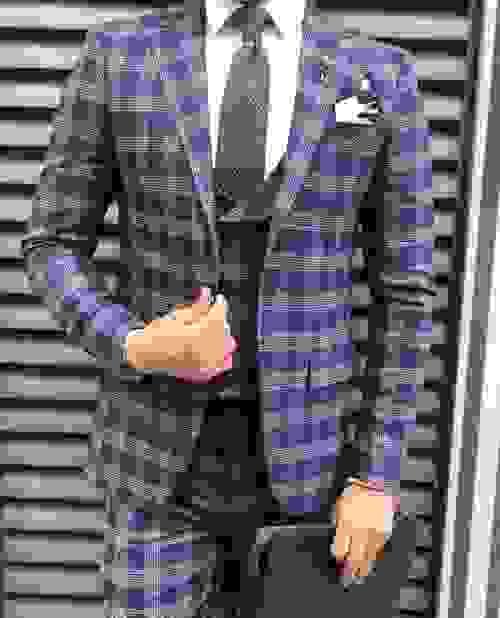 Blue Squared Cotton Slim Fit Suit