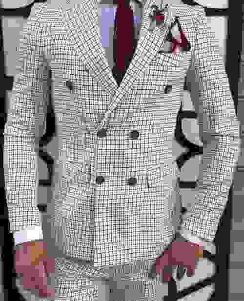White Squared Burgundy Details Suit