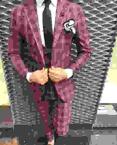 Red Squared Cotton Slim fit Suit
