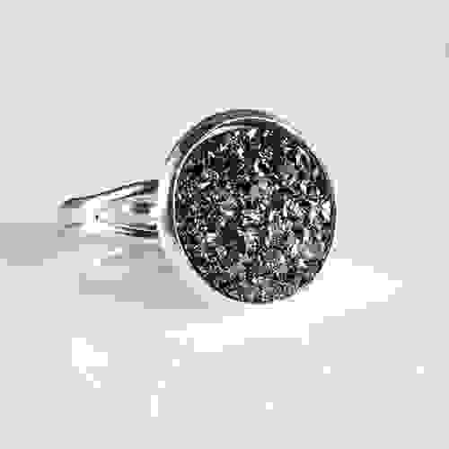 Flat rocky grey faux druzy silver ring 
