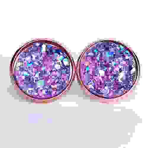 Lavender iridescent faux druzy rose gold earrings