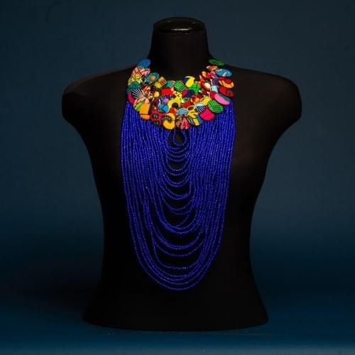 Blue ANkara and Button Bead Necklace