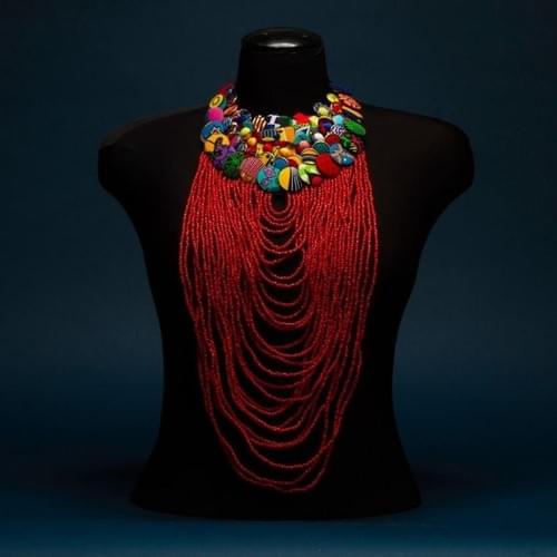 Red Ankara Button and Bead Necklace