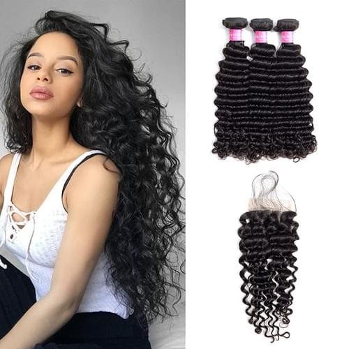 Original Queen Deep Wave Bundles With Closure Brazilian Hair 3 Bundles With Free Part Lace Closure