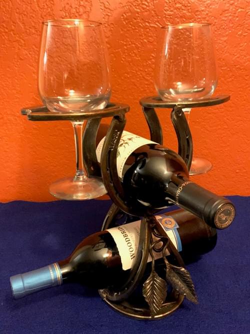 Double Bottle, 2 Wine Glass Horseshoe Wine Holder with Hand Forged Leaves