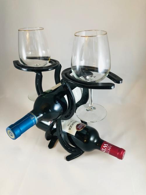 Double Bottle, 2 Wine Glass Horseshoe Wine Holder