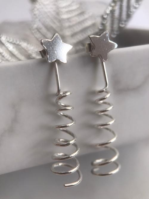 **BEST SELLER** Silver curly Christmas tree ear jackets and star studs