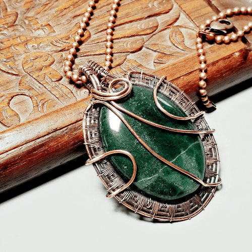Antiqued Pure Copper Necklace With Antiqued Pure Copper Wire Woven Chrysocolla Stone Pendant 19 Mother Of Pearl Shell... Art Nouveau No
