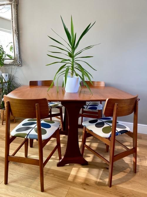 SOLD - G Plan Teak Drop Leaf Table with 4 Mid-Century Chairs in Orla Kiely REFURBISHED