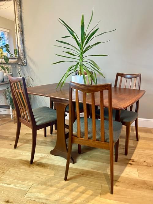 SOLD - G Plan Teak Set of 4 Chairs Reupholstered & Drop Leaf Table SELLER REFURBISHED