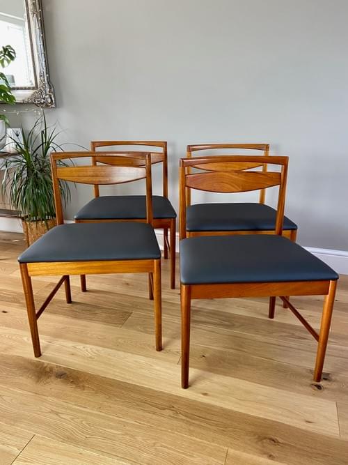SOLD - Set of 4 McIntosh Teak Dining Room Chairs / Retro / Vintage / Black Leatherette