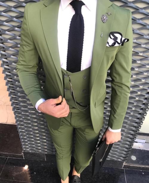 Green Polyester Slim fit Suit