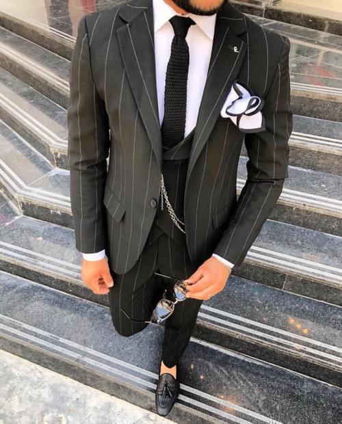 Black White Striped Cotton Suit