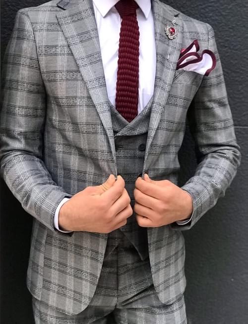 Grey Squared Cotton Slim Fit Suit