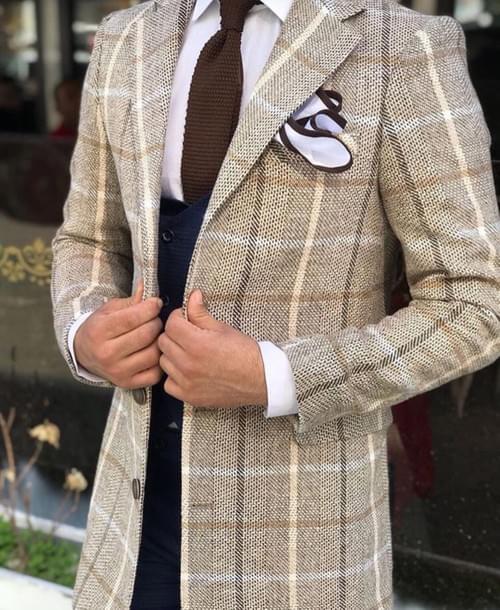 Beige Striped Long Coat