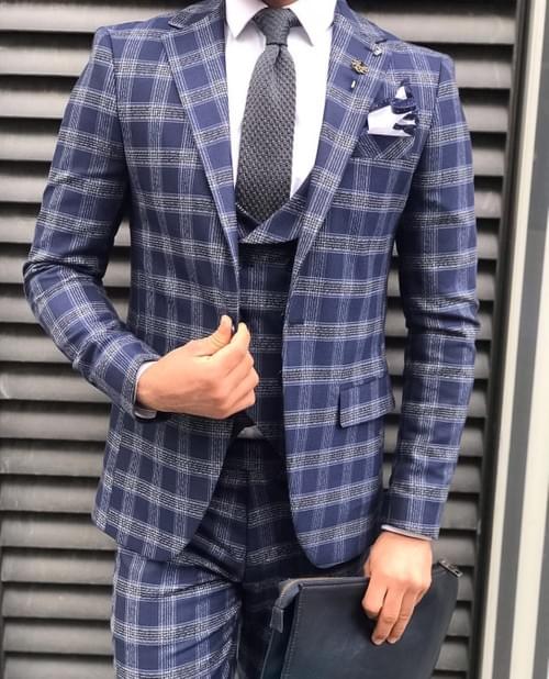 Blue Squared Cotton Slim Fit Suit