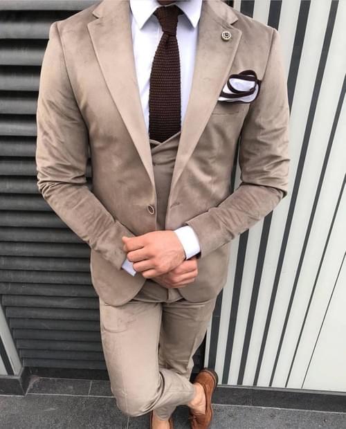 Beige Velvet Slim Fit Suit